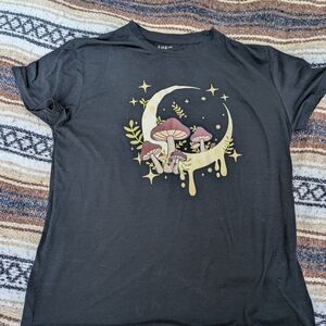 Black T-Shirt with Moon and Mushroom Design